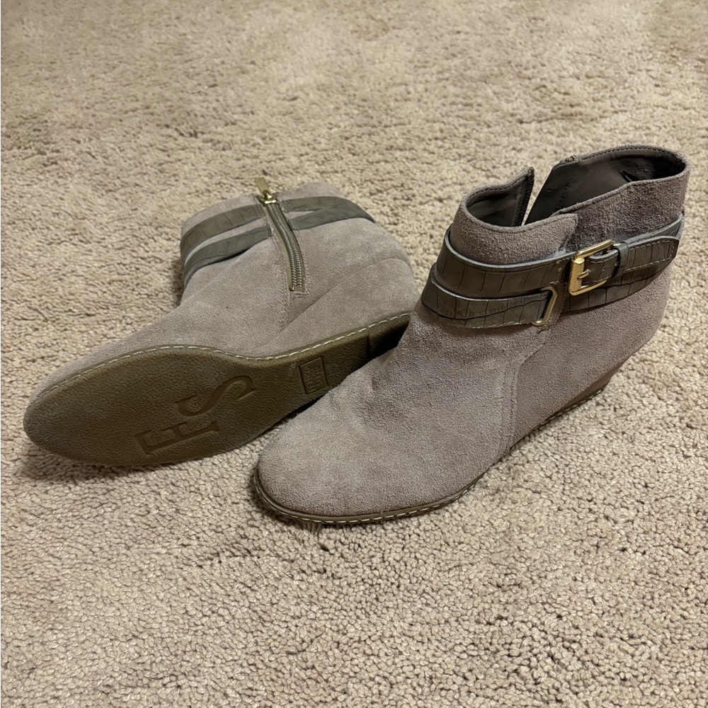 Franco Sarto Taupe Suede Ankle Boots with Buckle